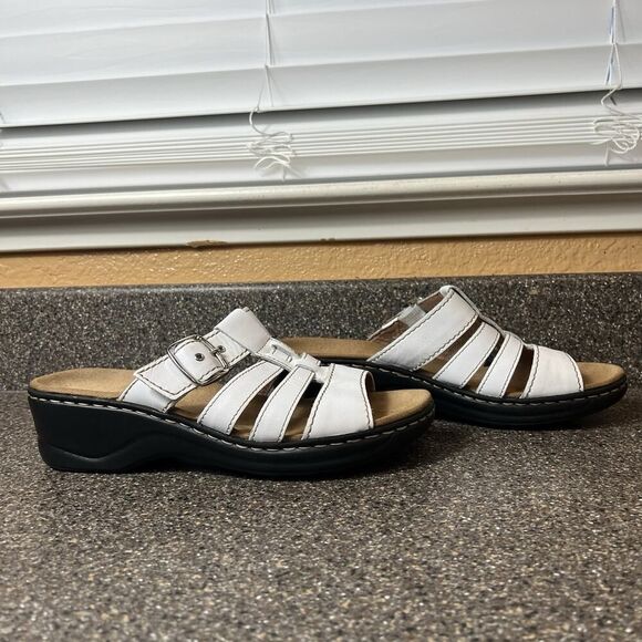 Clarks Collection Sandal Casual White Leather Slip On Open Toe Wedge Womens 9.5M - Picture 3 of 10